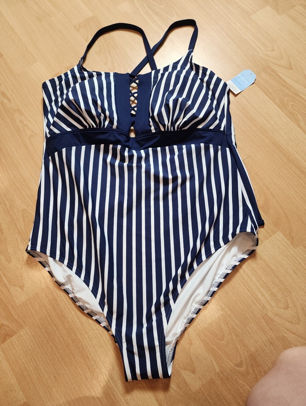 NWT Lands' End One Piece Swimsuit Blue White Stripe Lace Up Back Size 22W 3X